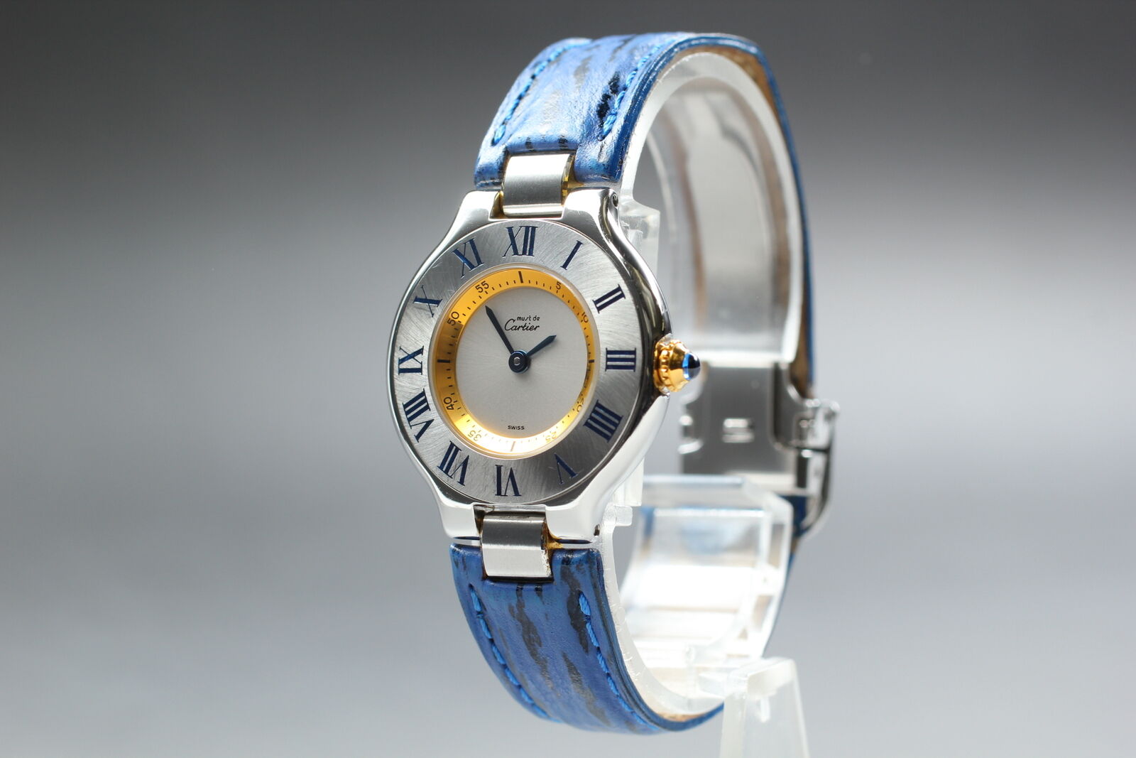 New Battery [Exc+5 Box] Cartier Must de Cartier 21 1340 Blue Women Qz Watch JP