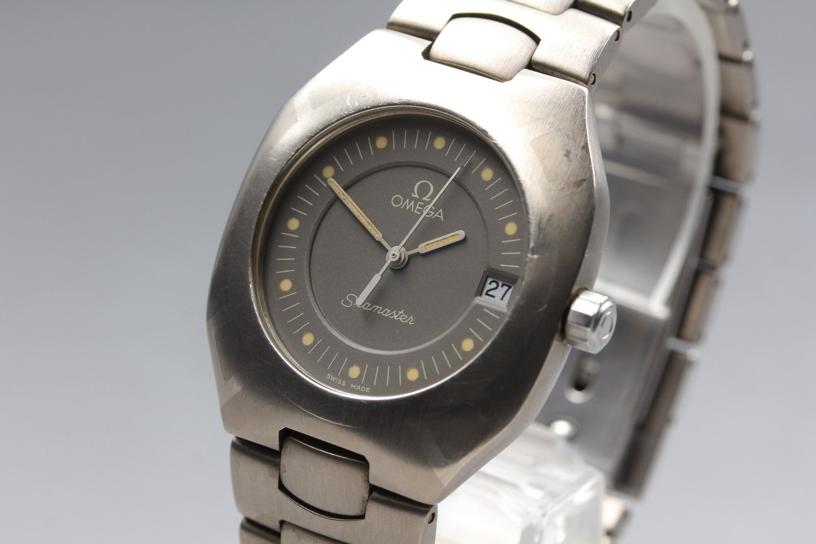New Batt OMEGA Seamaster Polaris Cal.1430 Gray Quartz Date Boy's Watch 31mm JP