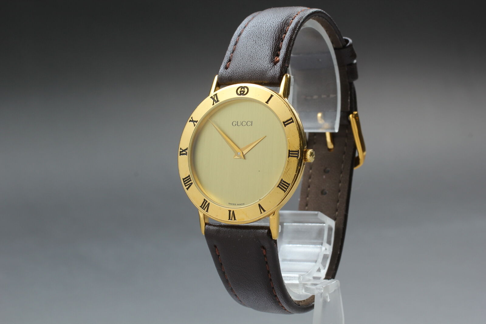 New Battery [Exc+5 Box] Gucci 3000.2.M Gold Brown Men's Quartz Watch Vintage JP
