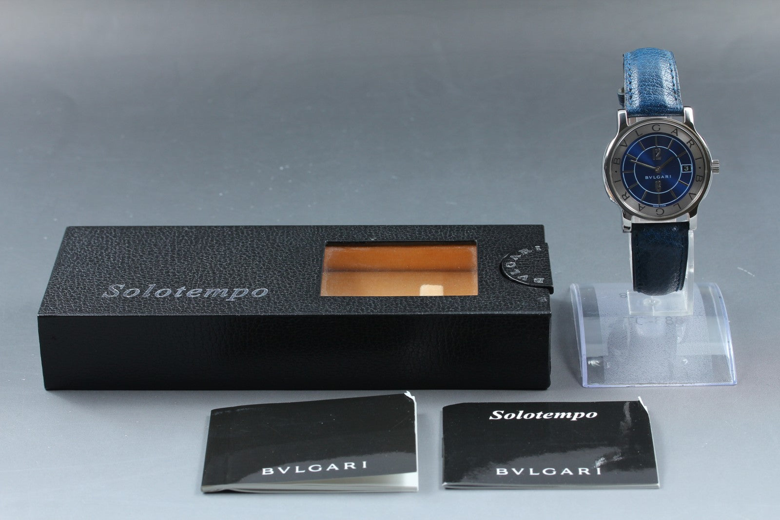 New Batt BVLGARI SOLOTEMPO ST35S Quartz Blue Men's Watch 35mm JAPAN Exc+5*Box