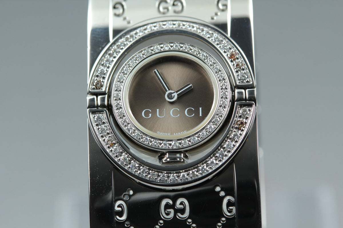 GUCCI 112 Twirl Double Diamond Brown Dial YA112504 23mm Woman's Qz Watch [Box]
