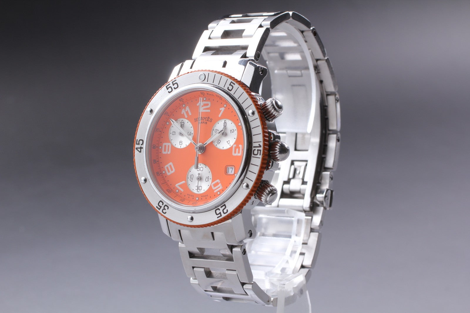 [Exc+5] HERMES Clipper CL2.916 Orange Dial Chronograph Quartz Men's Watch JAPAN