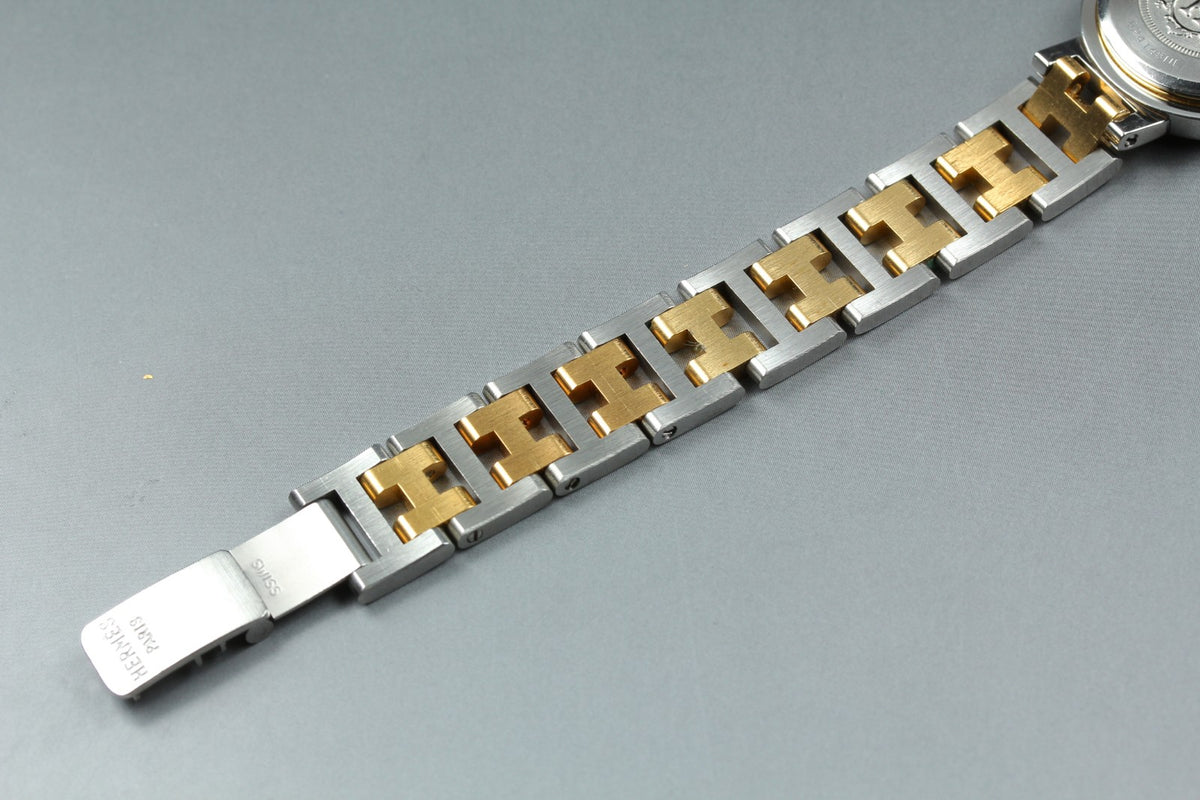 HERMES Clipper White Dial Gold Bracelet 24mm Woman's Quartz Watch Vintage