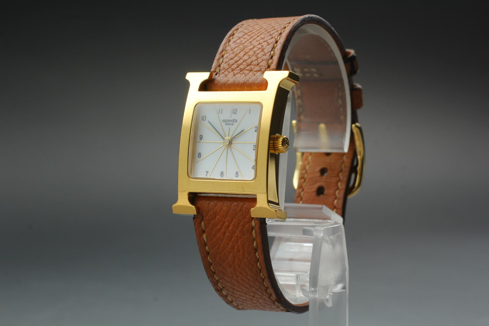 [Exc+4 Box] HERMES H Watch HH1.201 Gold Brown  "L" Woman's Watch Quartz JAPAN