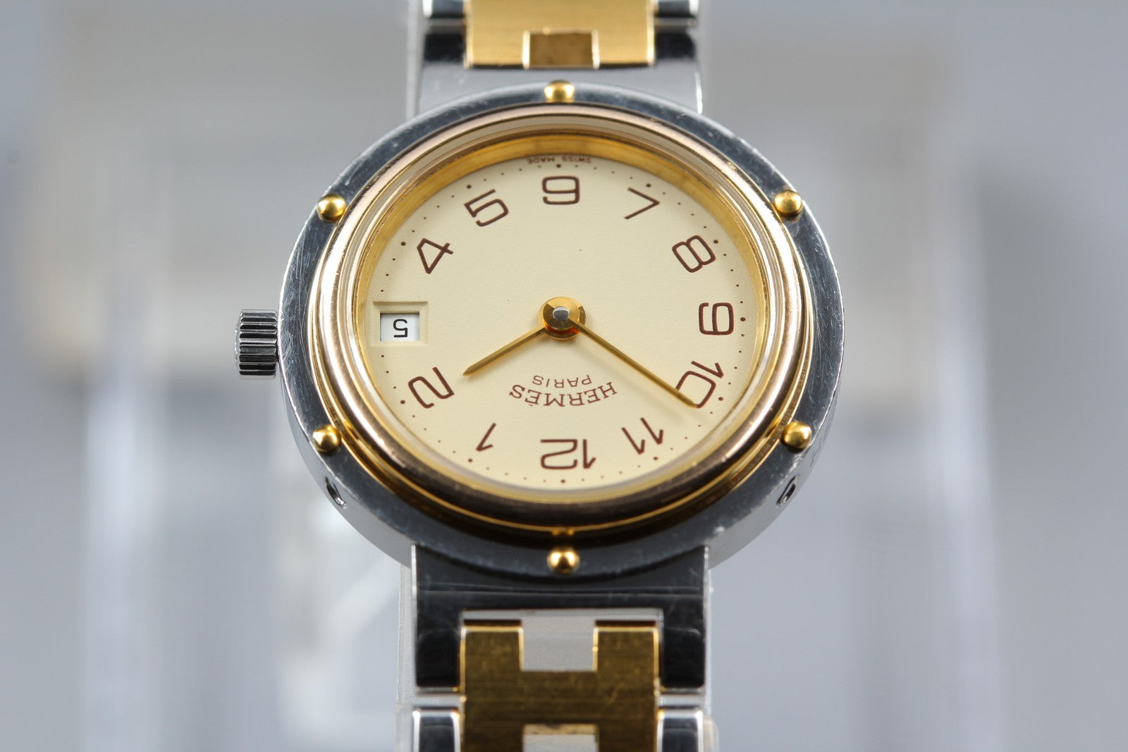 Vintage Hermes Clipper 24mm Ivory Dial Gold Woman's Watch Quartz [w /Box]