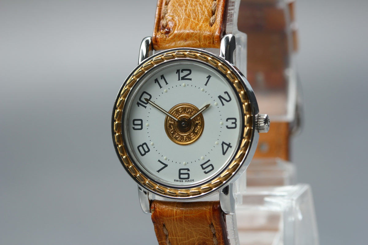 HERMES Sellier SE4.220 White Dial Brown 24mm Woman's Quartz Watch Vintage