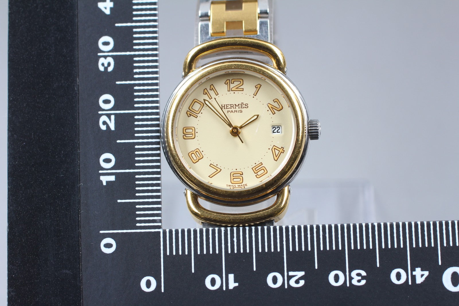 Vintage [Exc+4] Hermes Pullman PU2.240 Ivory Dial 24mm Date Woman's Quartz Watch