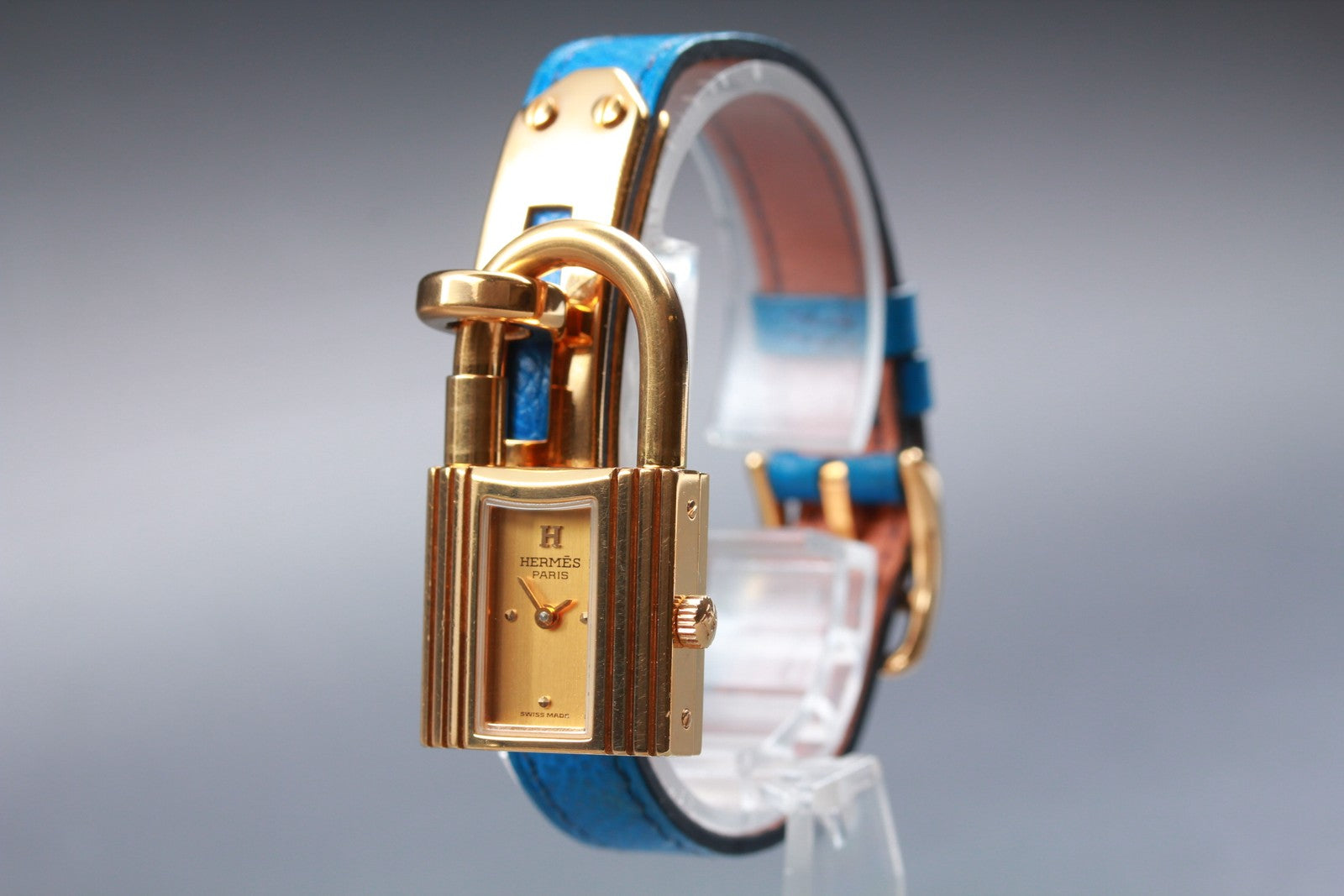 Overhauled [Exc+5] HERMES Kelly Watch Gold Dial Blue "W" Woman's Quartz Watch