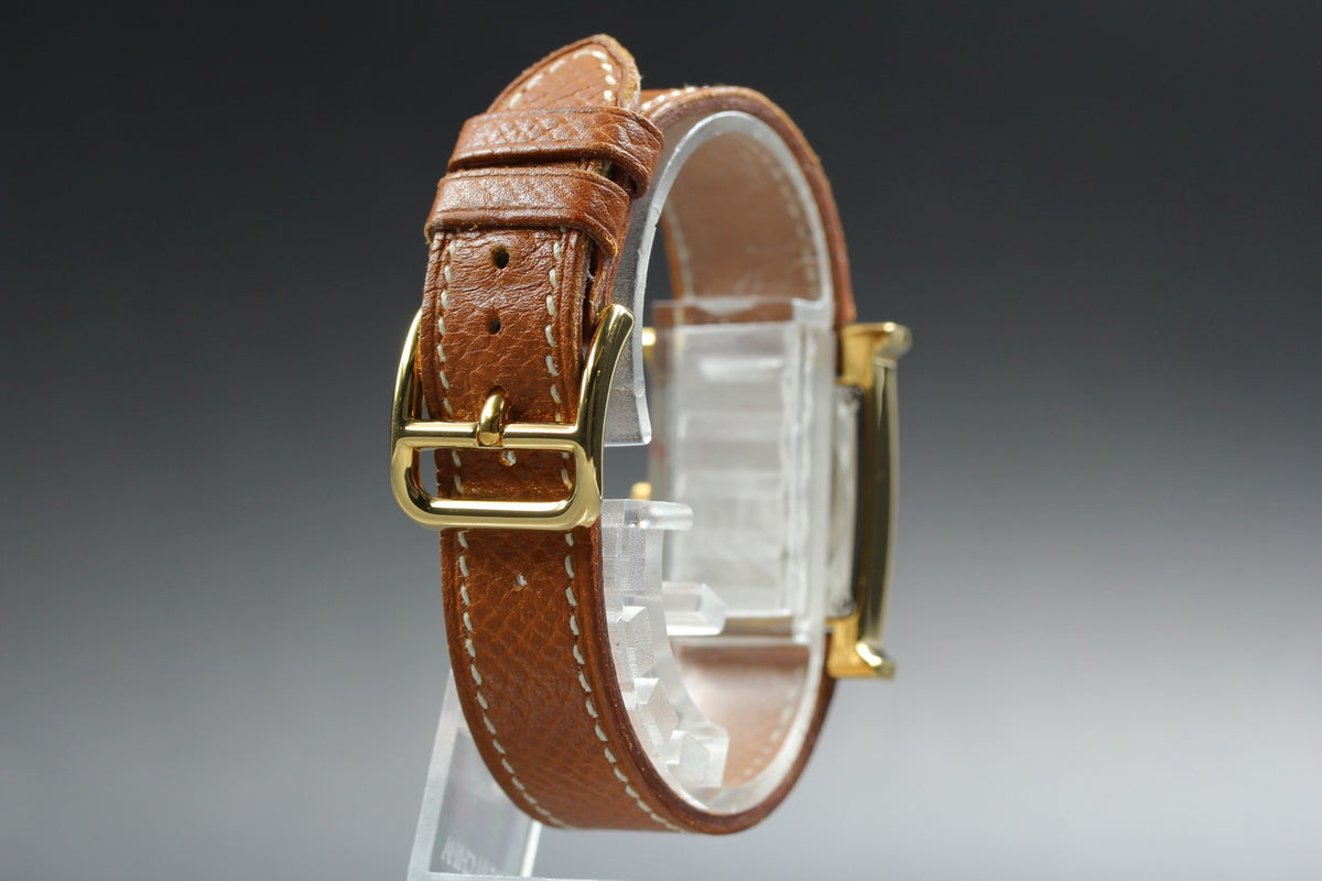 HERMES H Watch Gold Ivory Dial Brown Leather "Y" Woman's Watch Quartz [Box]