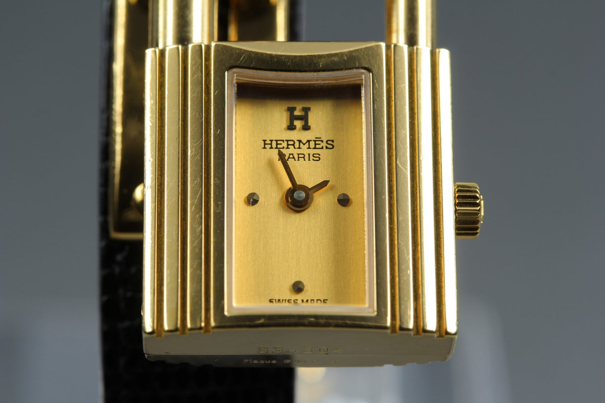 HERMES Kelly Watch Gold Black Leather "=" Woman's Quartz Watch Vintage