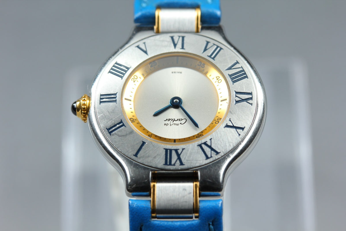 Cartier Must de Cartier 21 1340 Blue Silver 27mm Women's Qz Watch Vintage Pouch