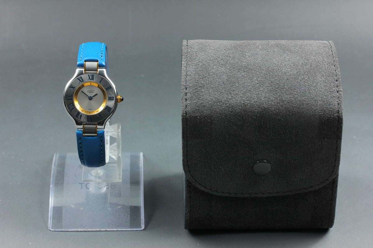 Cartier Must de Cartier 21 1340 Blue Silver 27mm Women's Qz Watch Vintage Pouch