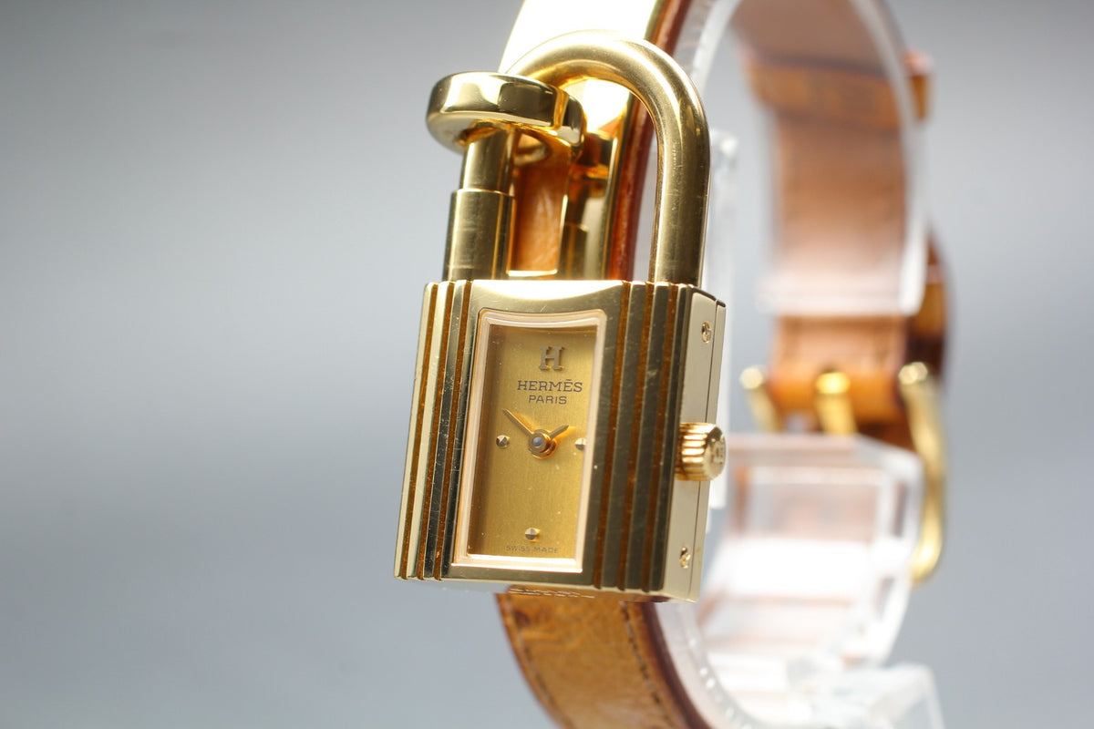 HERMES Kelly Watch Gold Brown Leather "Z" Woman's Quartz Watch Vintage [Box]