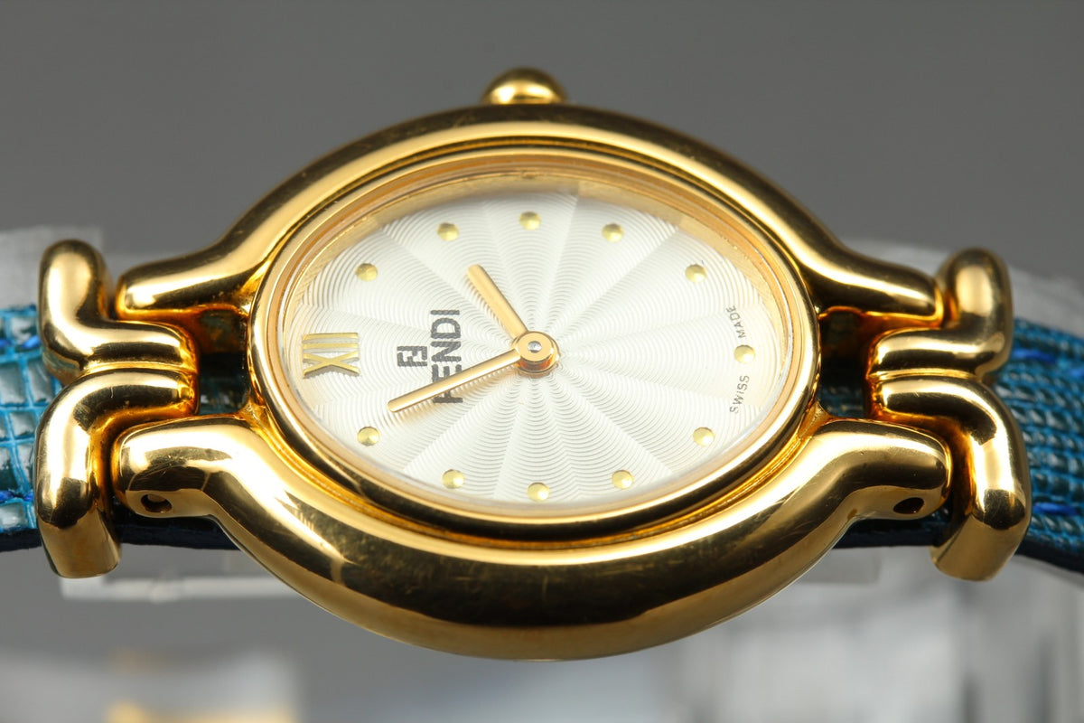 FENDI 640L Chameleon Blue Leather Belt Gold 24mm Women's Quartz Watch Vintage