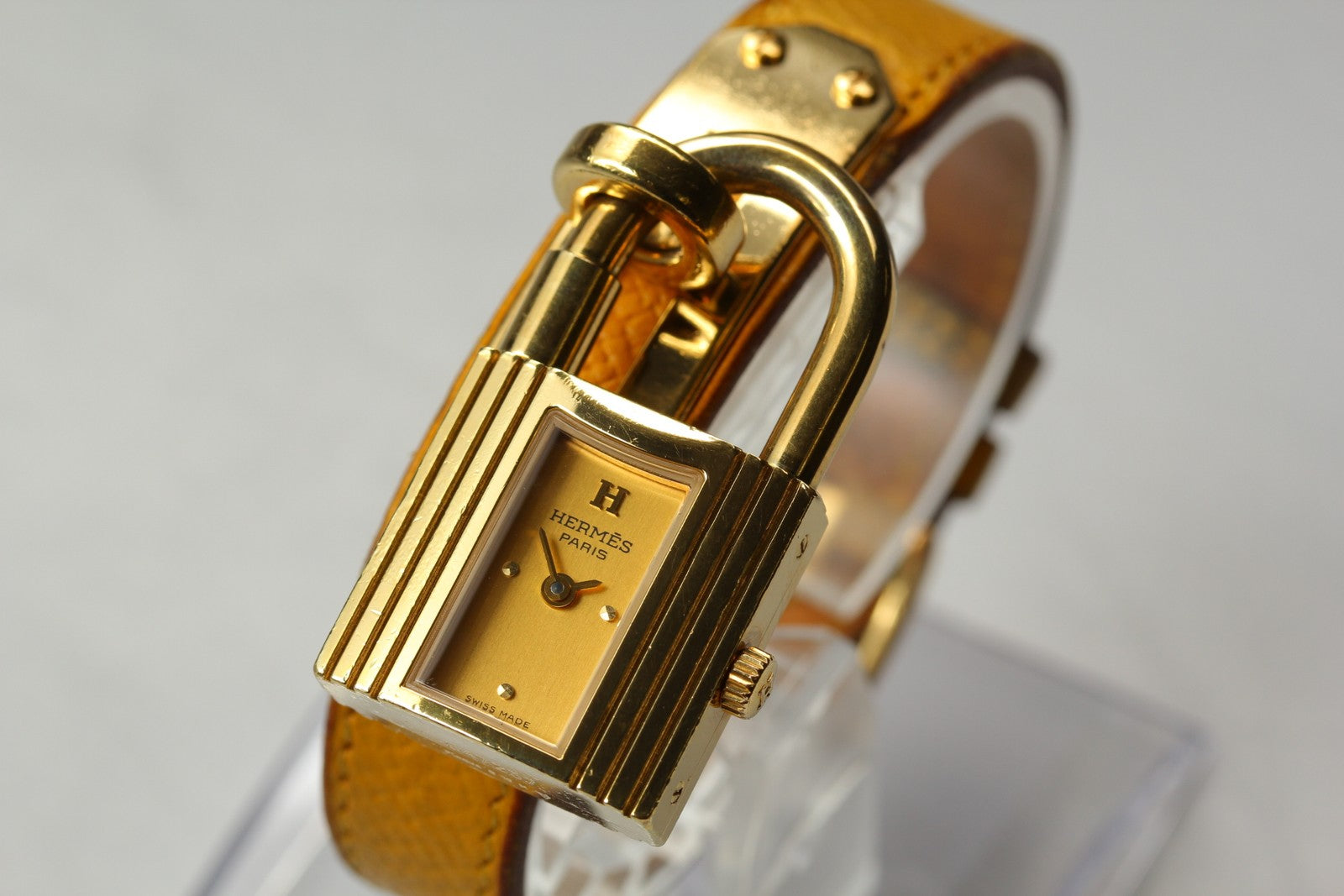 Vintage HERMES Kelly Stainless Gold Dial Quartz Women's Watch 20mm JAPAN Box