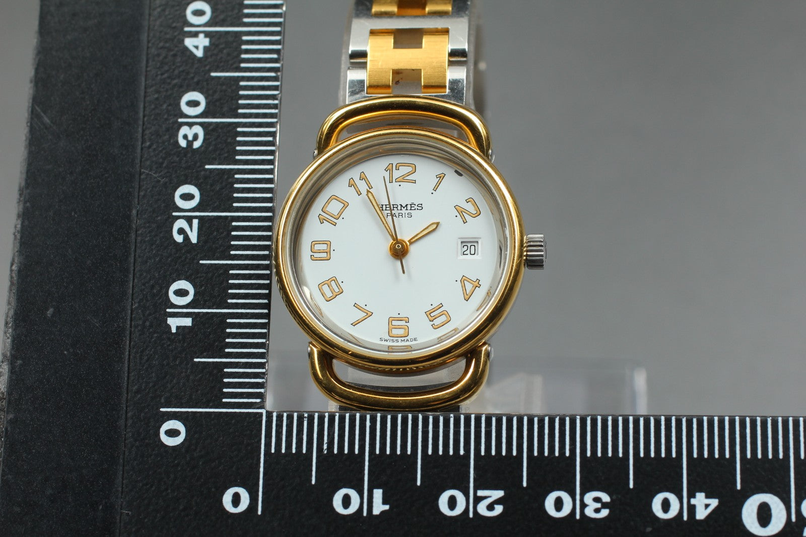 Vintage [Exc+5] Hermes Pullman Gold White Dial 24mm Date Woman's Quartz Watch