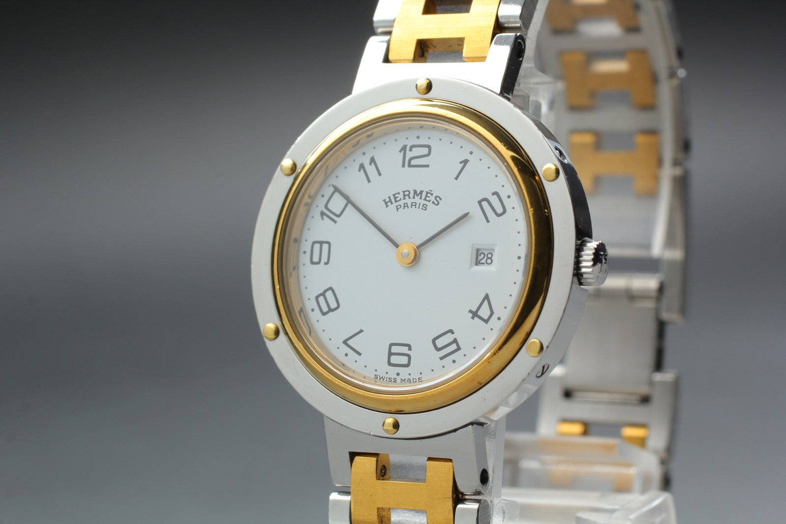 Vintage [Exc+5 Box] Hermes Clipper 30mm White Dial Gold Unisex Watch Quartz