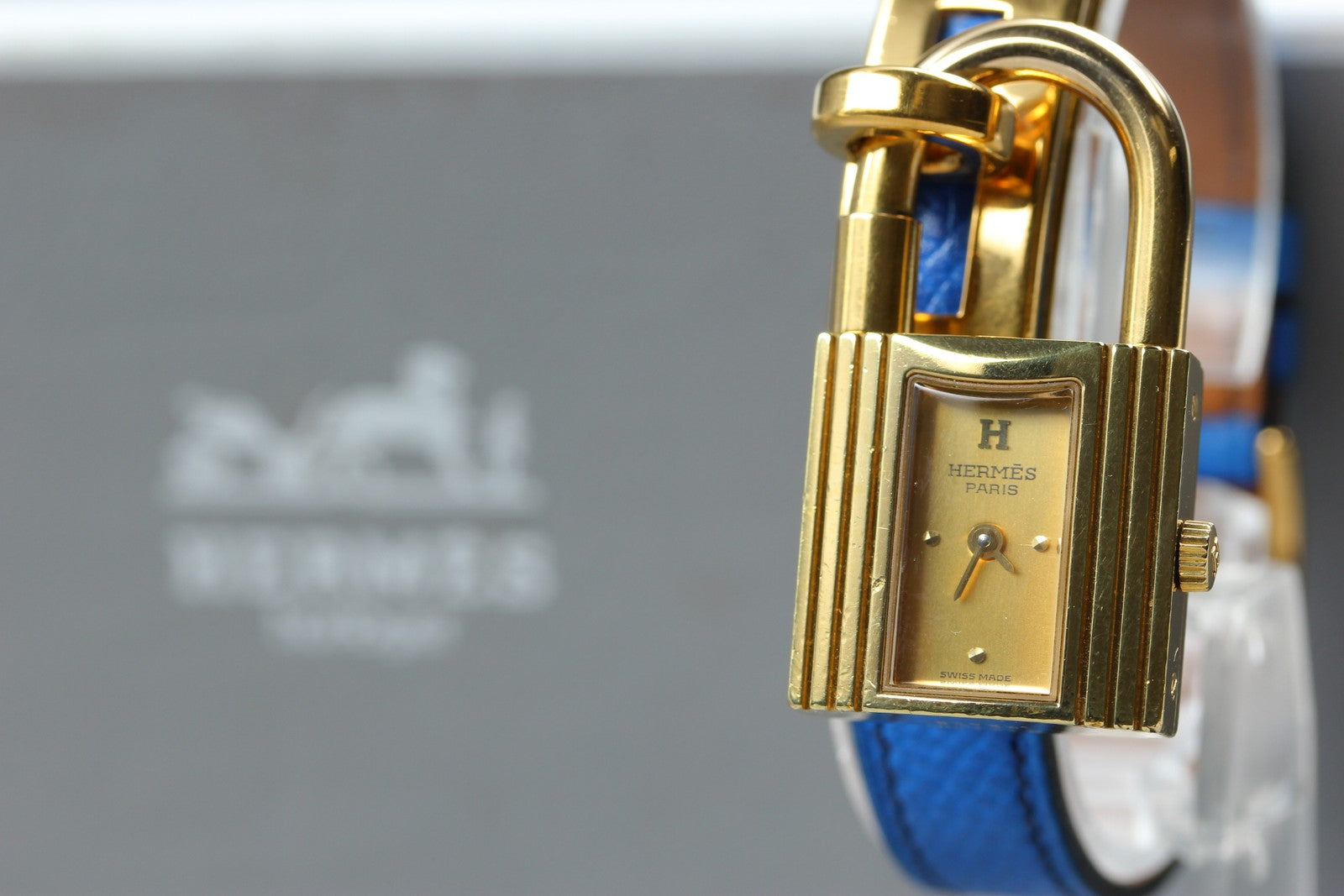 HERMES Kelly Watch Gold Dial Blue "U" 20mm Woman's Watch Quartz Vintage [w/Box]