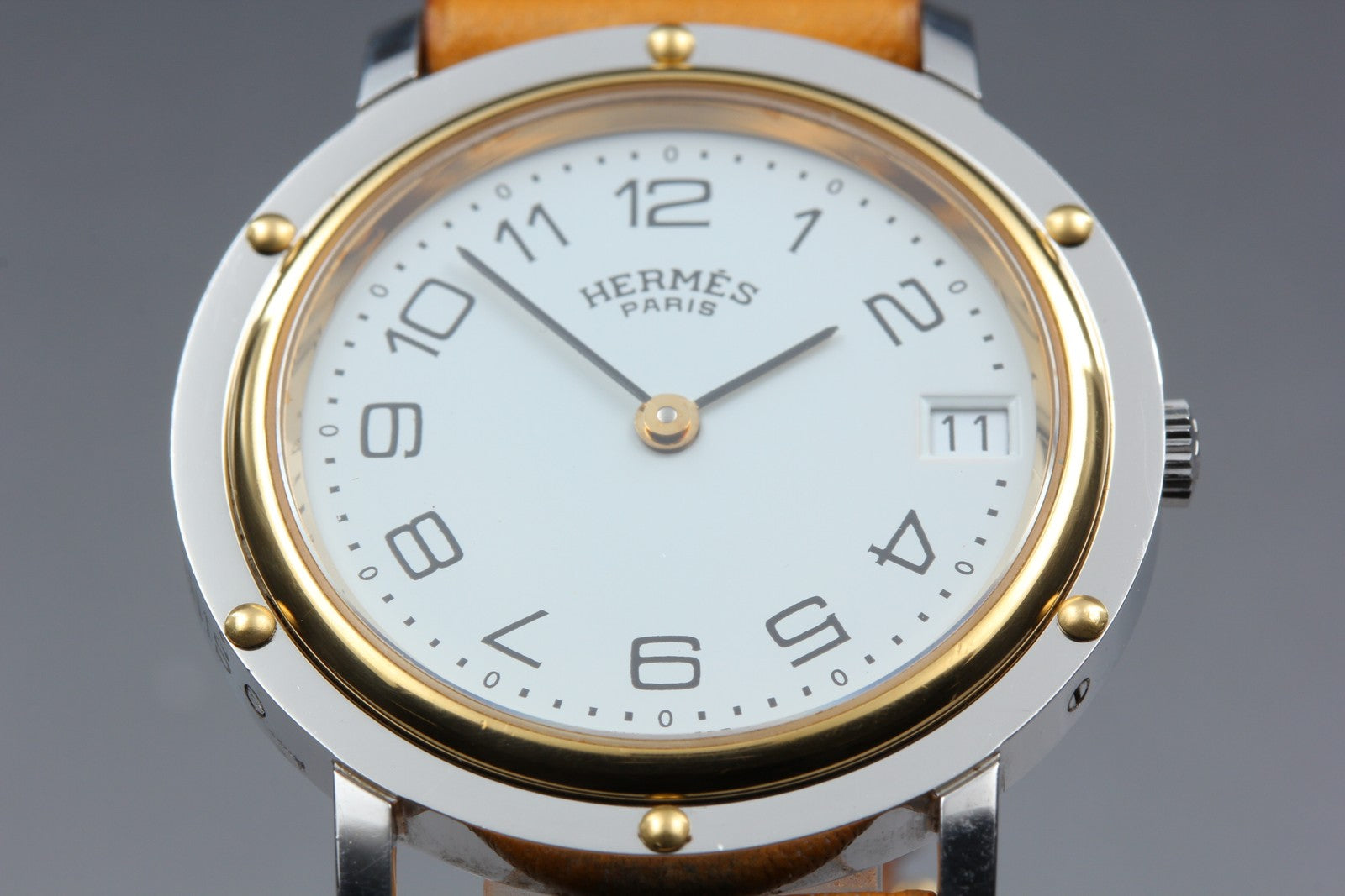 Vintage Hermes Clipper 34mm White Dial Brown Date Unisex Watch Quartz  [w/Box]