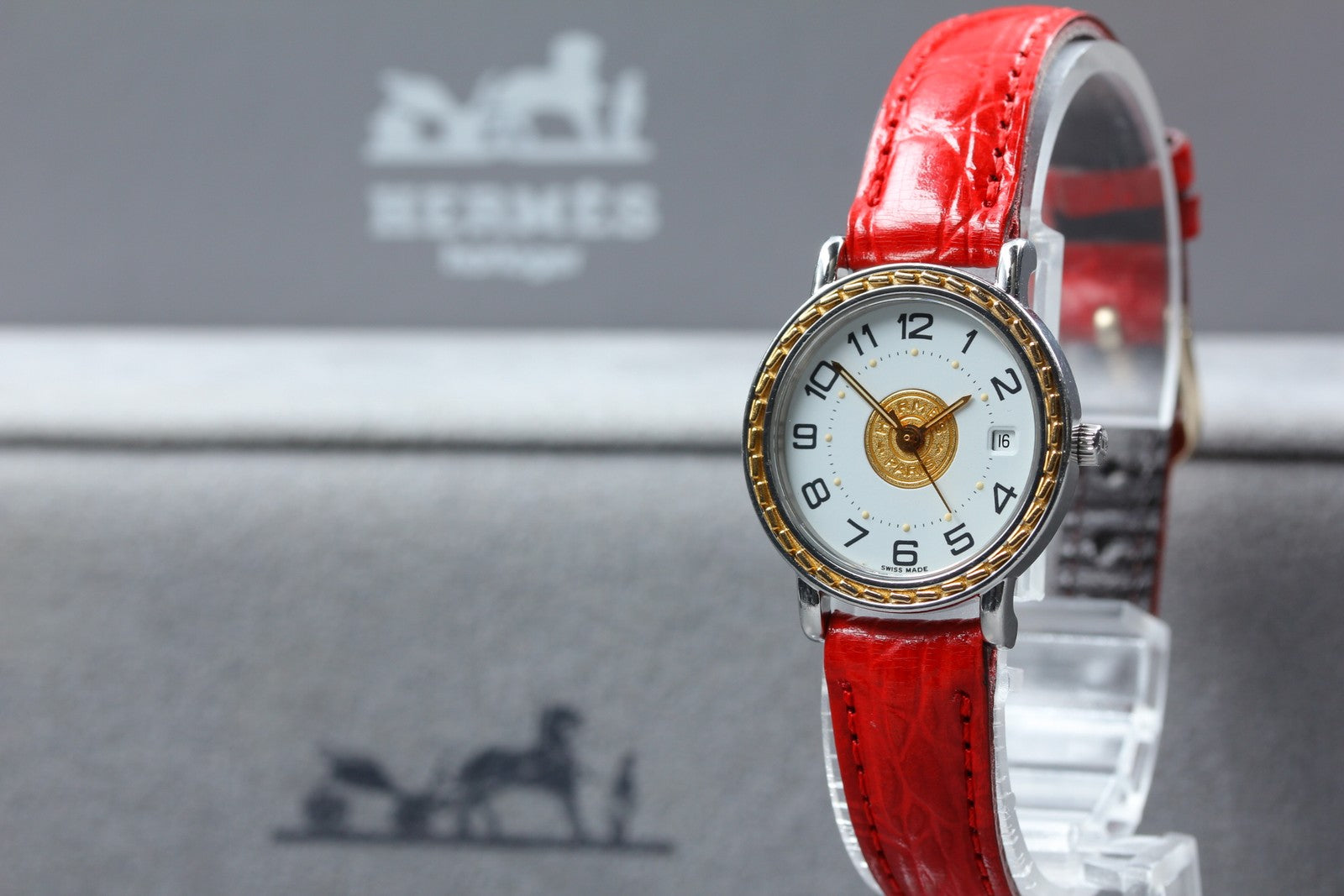 Vintage [Exc+5 Box] HERMES Sellier White Dial Red 24mm Woman's Quartz Watch