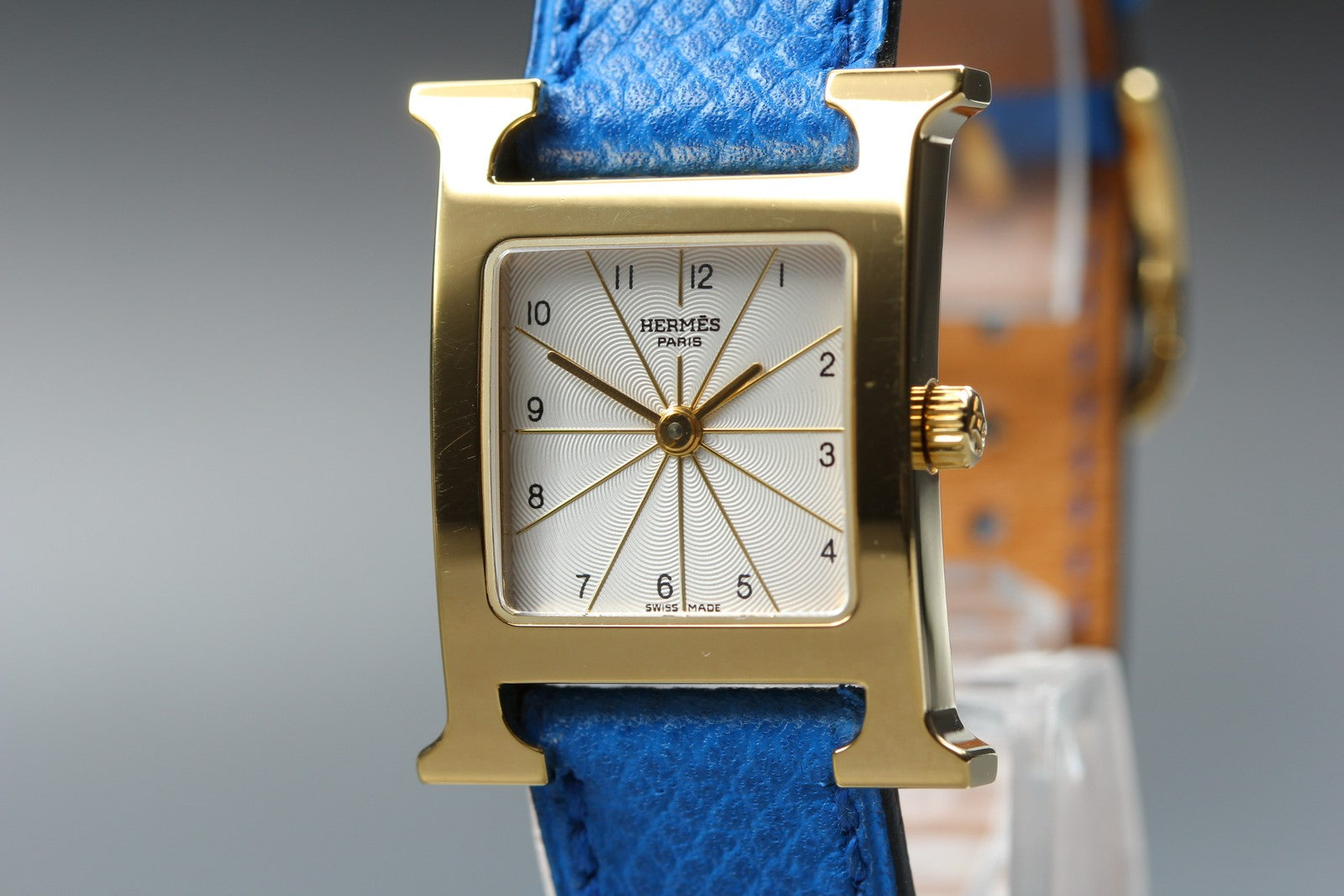 [Overhauled] HERMES H Watch HH1.201 Gold Blue "B" Woman's Watch Quartz Box