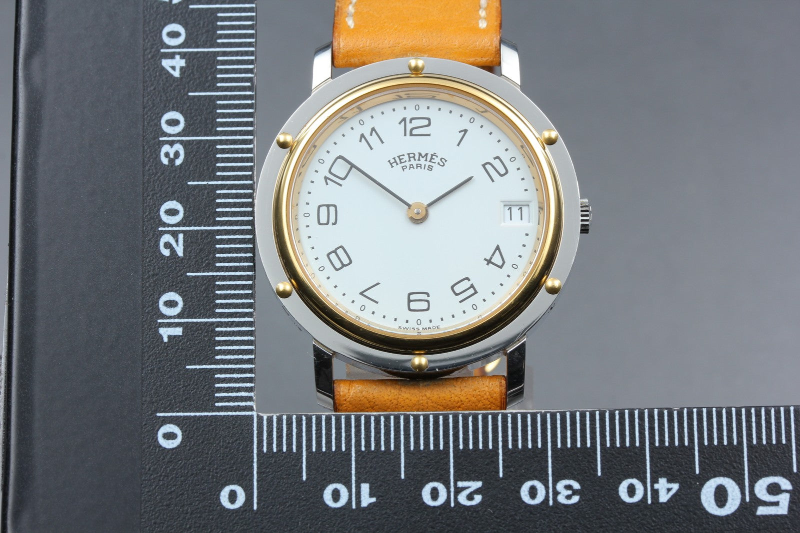 Vintage Hermes Clipper 34mm White Dial Brown Date Unisex Watch Quartz  [w/Box]
