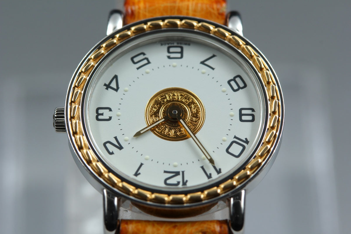 HERMES Sellier SE4.220 White Dial Brown 24mm Woman's Quartz Watch Vintage