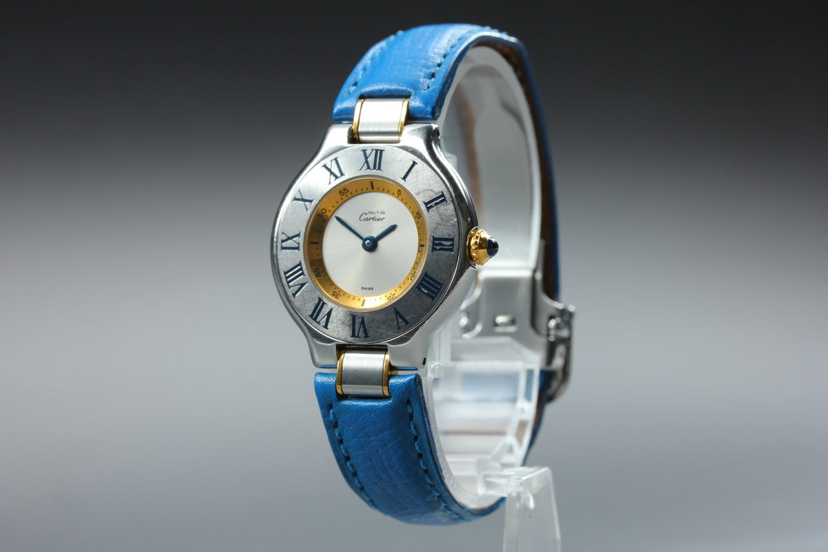 Cartier Must de Cartier 21 1340 Blue Silver 27mm Women's Qz Watch Vintage Pouch