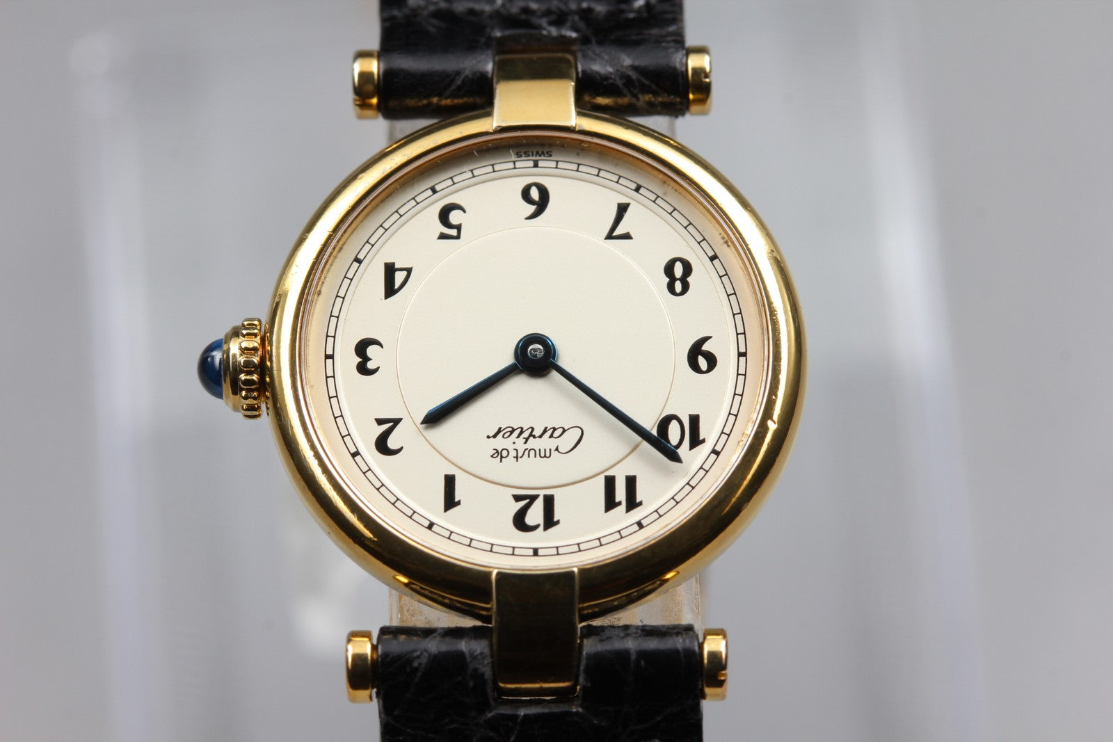 Vintage Cartier Must Vendome Vermeil 590004 Gold Black 24mm Women's Qz Watch