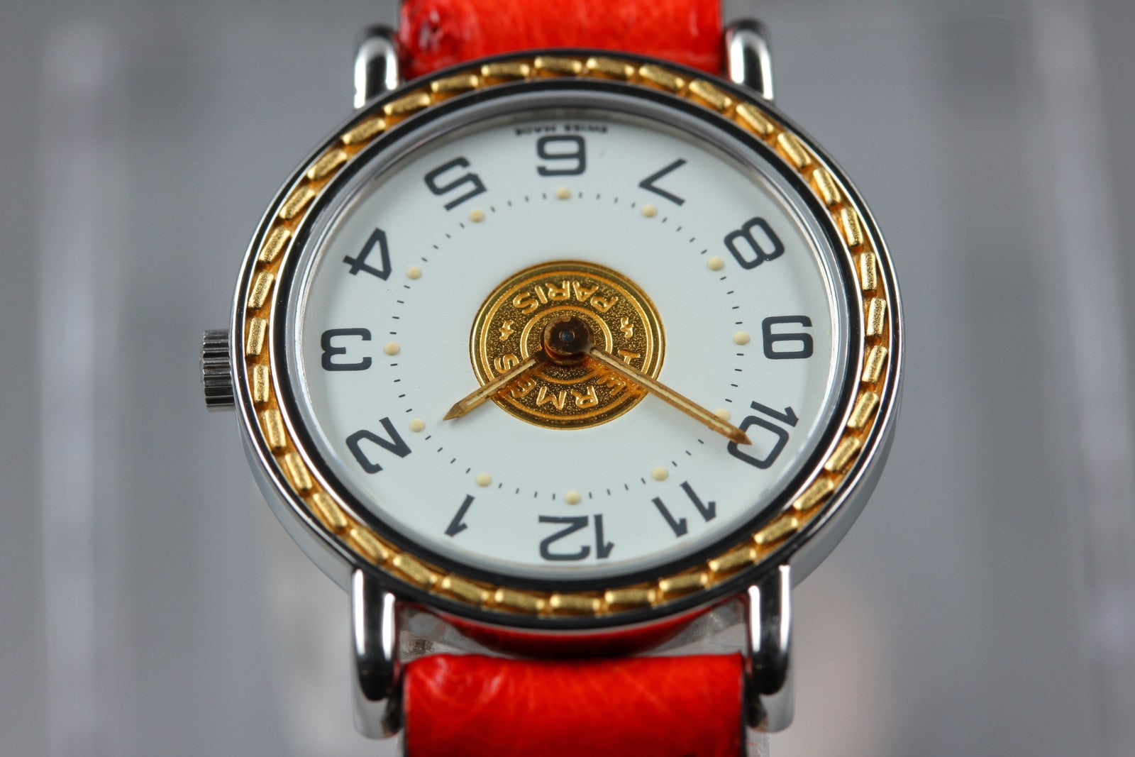 Vintage HERMES Sellier White Dial Red "T" 24mm Woman's Quartz Watch