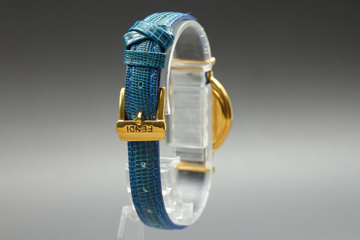 FENDI 640L Chameleon Blue Leather Belt Gold 24mm Women's Quartz Watch Vintage