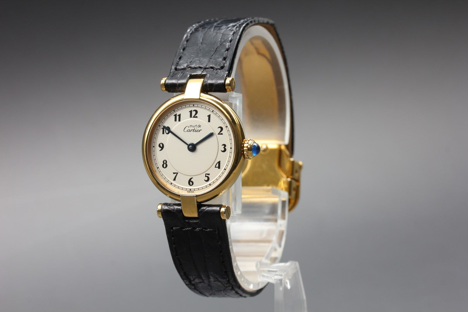 Vintage Cartier Must Vendome Vermeil 590004 Gold Black 24mm Women's Qz Watch