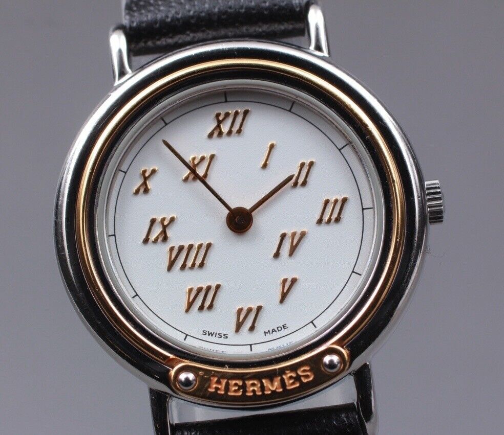 New Battery [Exc+5 Box] HERMES Meteor Women's Quartz Watch Vintage JAPAN