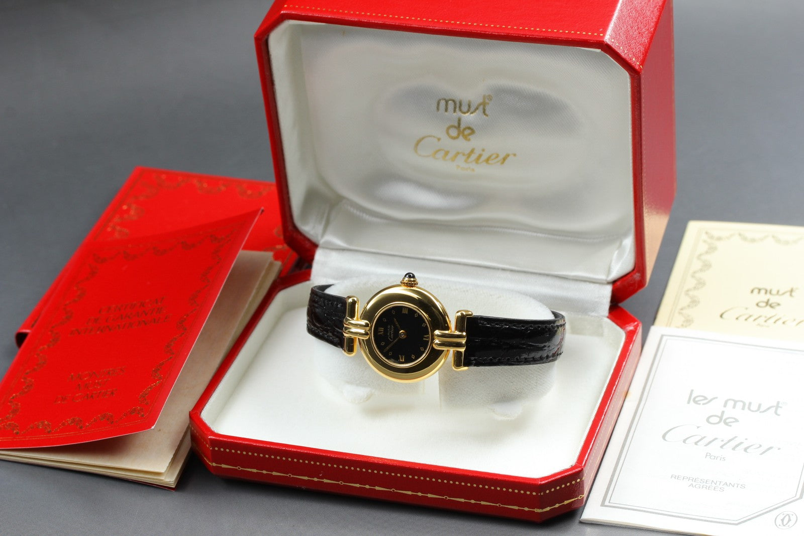 Vintage Cartier Must Colisee Vermeil 590002 Black Women's Quartz Watch [w/Box]