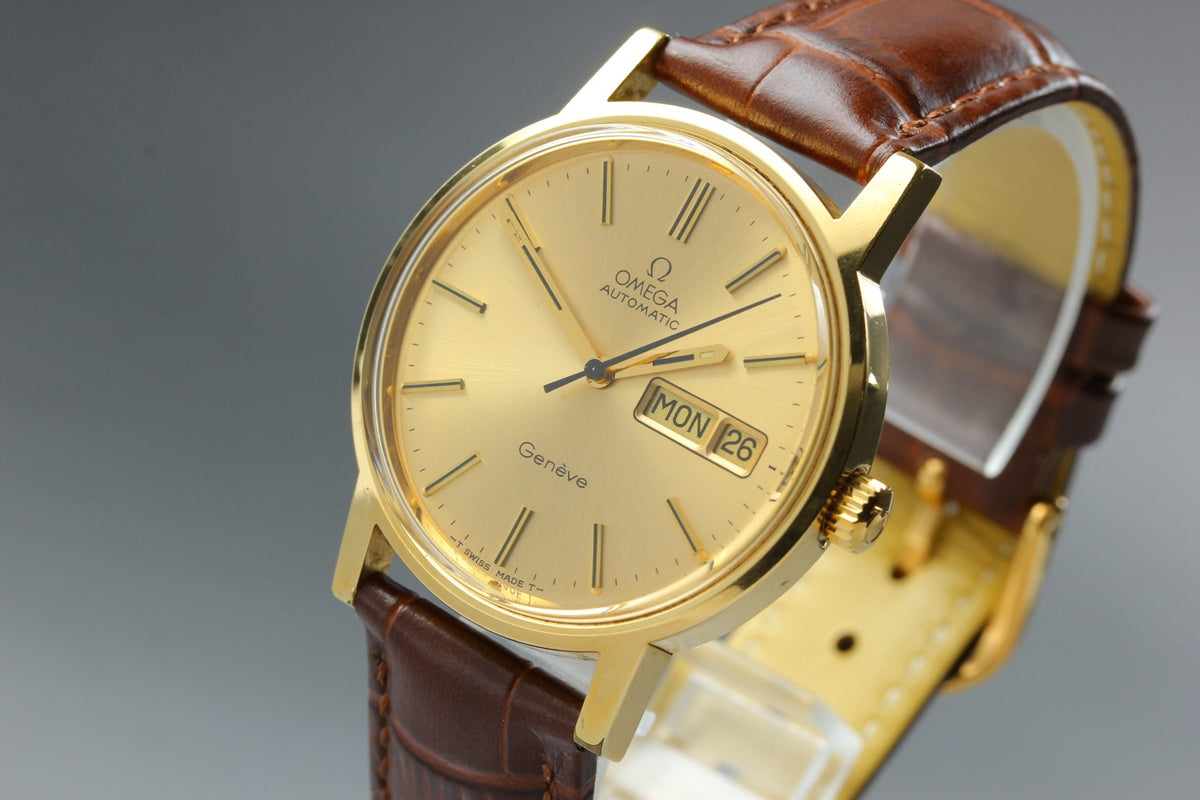 OMEGA Geneve Day-Date 166.0117 Cal.1022 Gold Brown 34mm AT Men's Watch Vintage