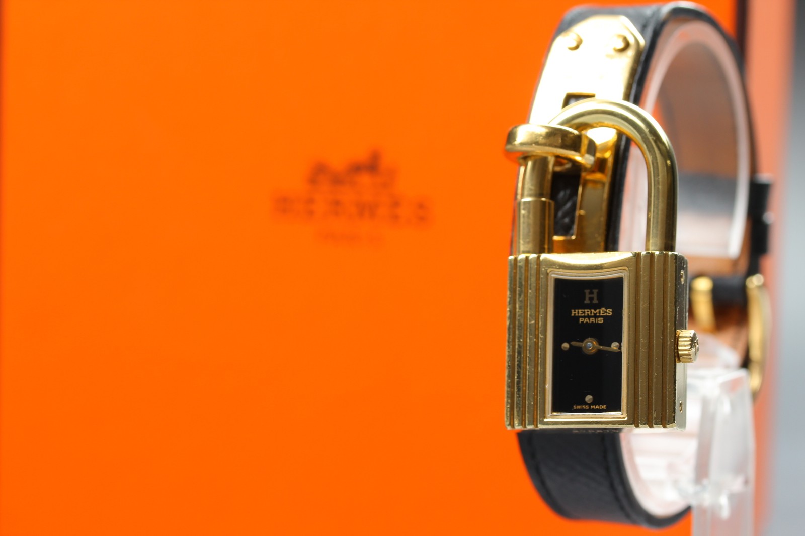 HERMES Kelly Watch Gold Black Leather "A" Woman's Quartz Watch Vintage [Box]