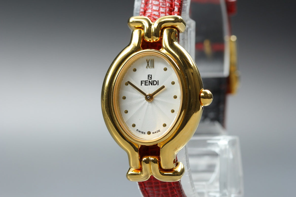 FENDI 640L Chameleon Red Leather Belt Gold 24mm Women's Quartz Watch Vintage