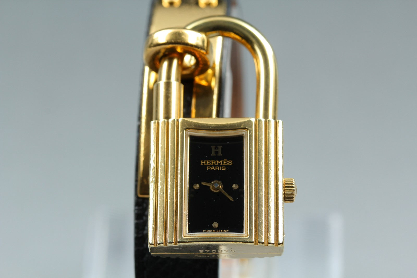HERMES Kelly Watch Gold Black Leather "A" Woman's Quartz Watch Vintage [Box]