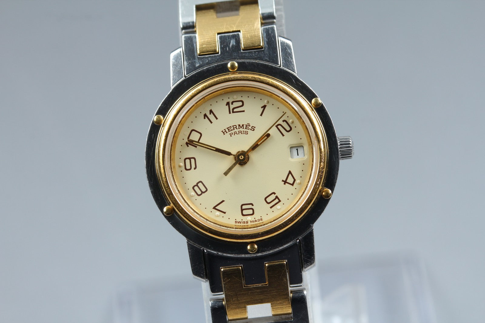 Vintage Hermes Clipper 24mm Ivory Dial Gold Woman's Watch Quartz [w /Box]