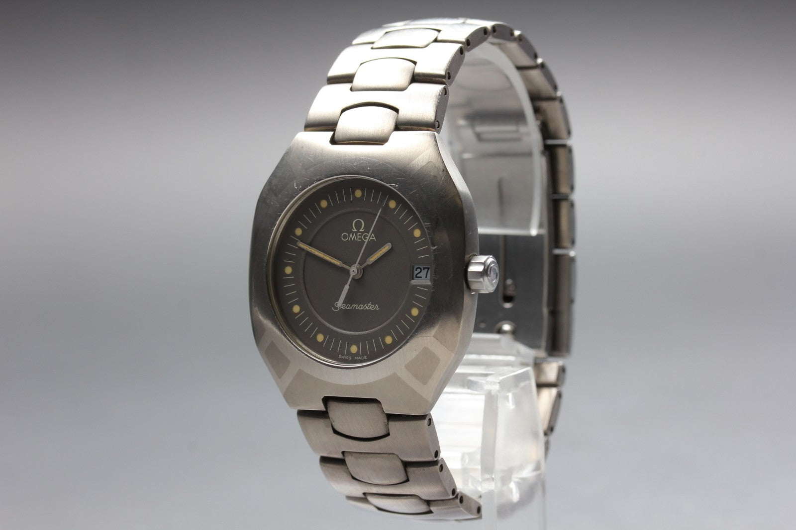 New Batt OMEGA Seamaster Polaris Cal.1430 Gray Quartz Date Boy's Watch 31mm JP