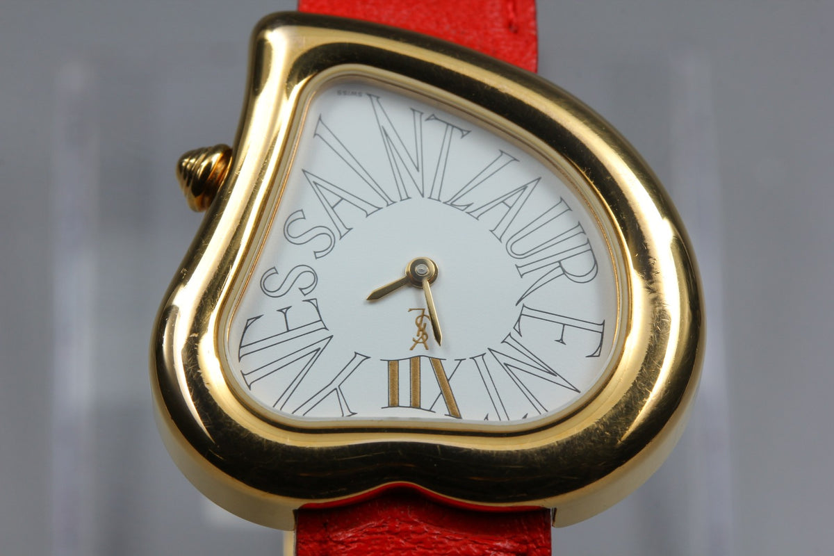 Yves Saint Laurent Heart Gold Red Leather 30mm Women's Watch Quartz Vintage