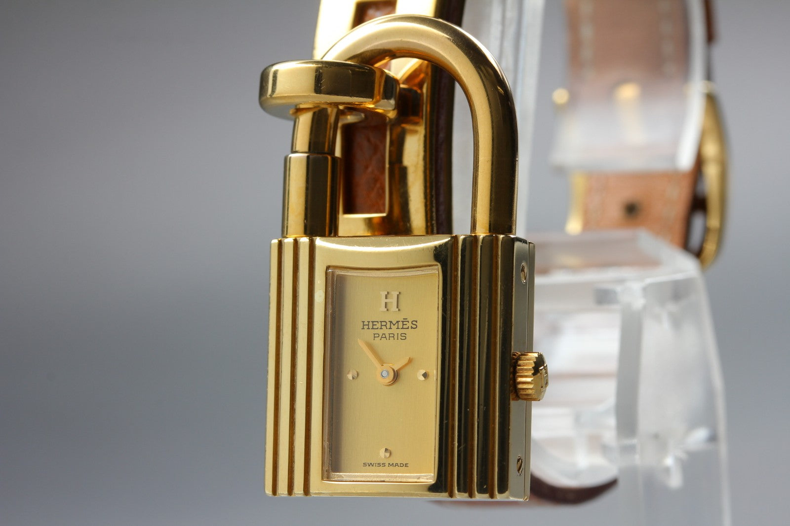 Vintage [Box] HERMES Kelly Watch Gold Brown Leather "U" Woman's Quartz Watch