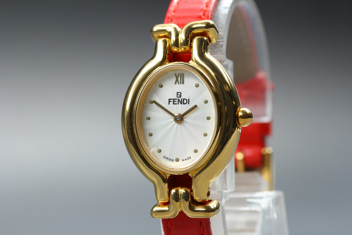 FENDI 640L Chameleon Red Leather Belt Gold 24mm Women's Quartz Watch Vintage