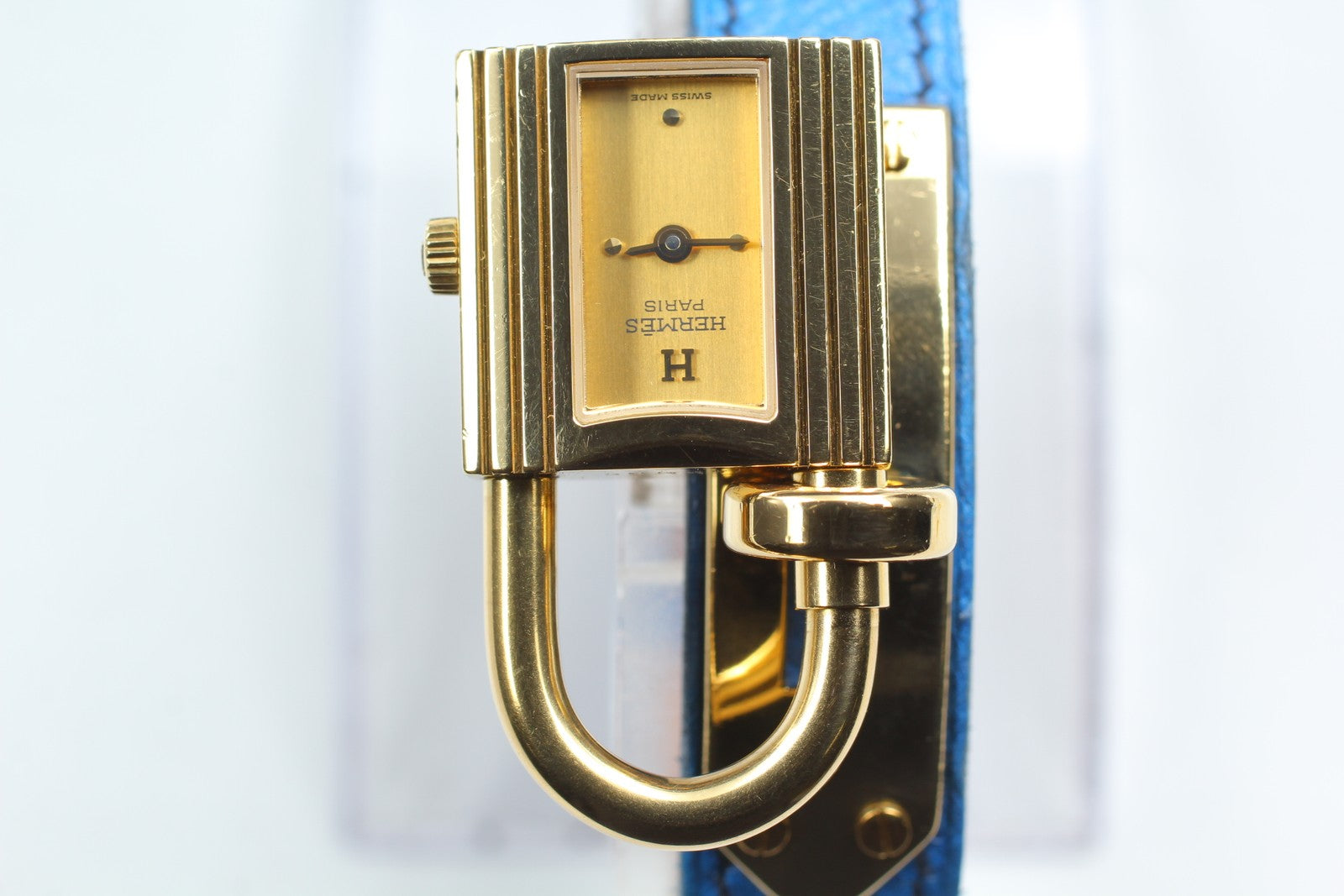 Vintage HERMES Kelly Watch Gold Dial Blue Leather "Y" Womans Watch Quartz [Box]