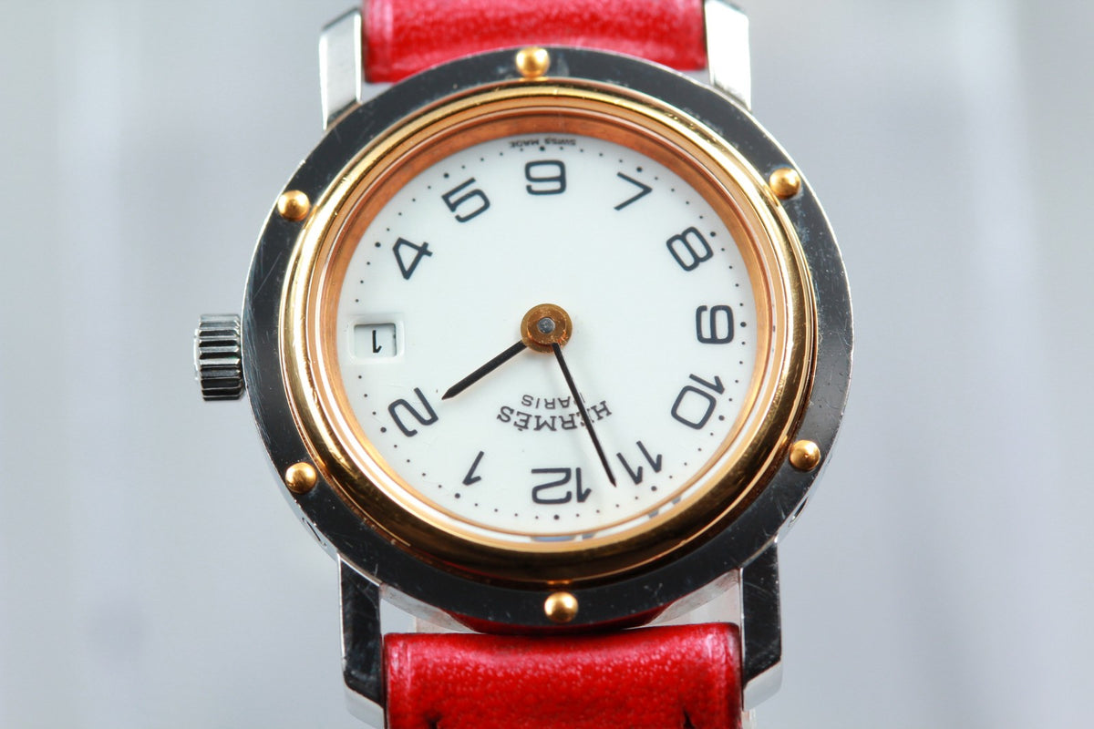 Vintage [Exc+5] HERMES Clipper White Dial Red 24mm Woman's Quartz Watch JAPAN