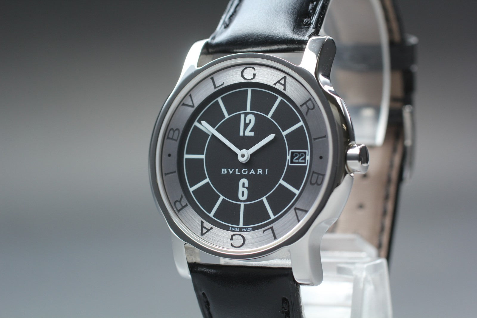 New Batt BVLGARI Solotempo ST35S Quartz Black Dial Date Men's Watch 35mm *N MINT