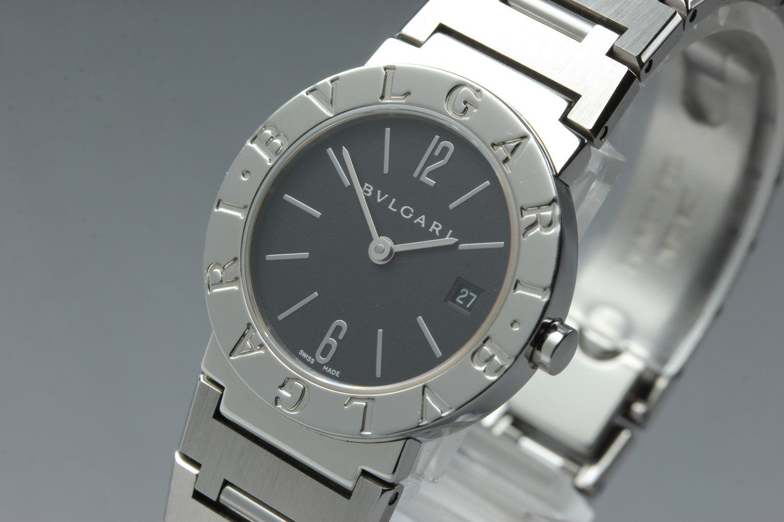 New Batt BVLGARI BB26SS Black Dial Quartz Date Women's Watch 26mm Used JAPAN