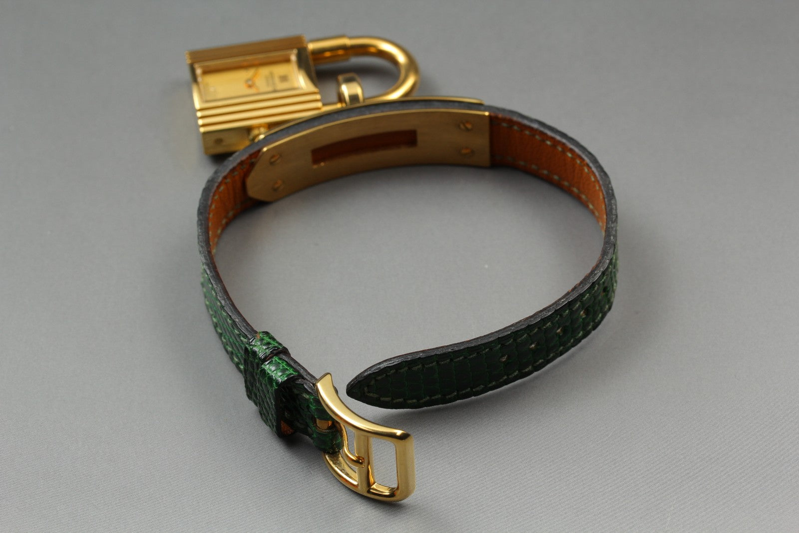 Overhauled [Exc+5 Box] HERMES Kelly Watch Gold Green "S" Woman's Quartz Watch