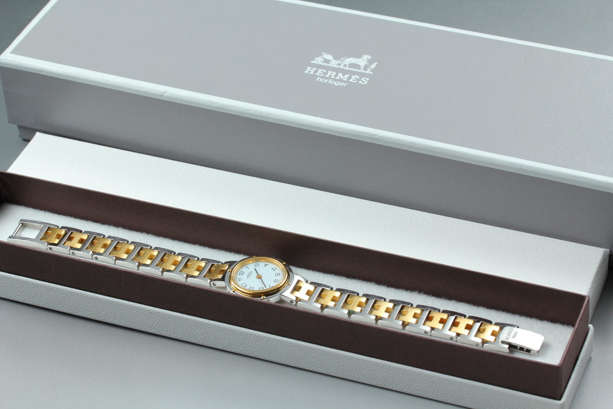 HERMES Clipper White Dial Gold Bracelet 24mm Woman's Quartz Watch Vintage