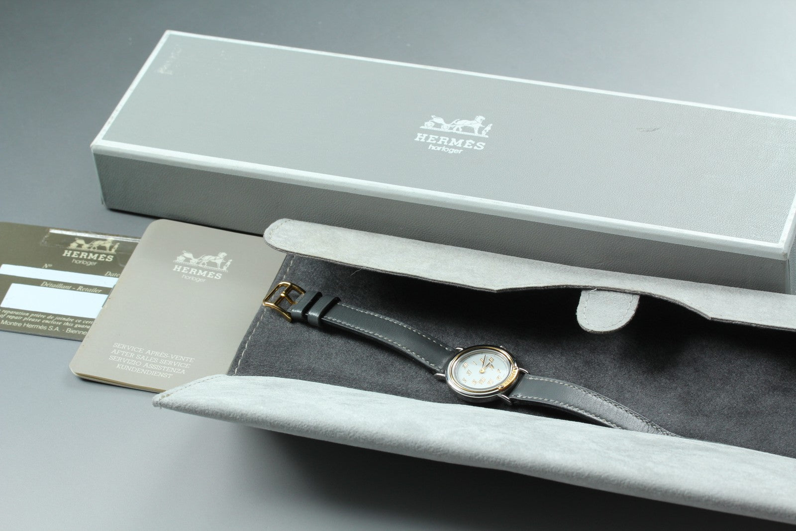 Vintage HERMES Meteor White Dial Gray "P" 24mm Woman's Watch Quartz  [w /Box]